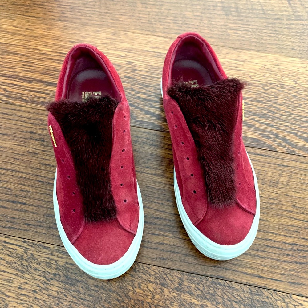 Amazing Ferragamo Burgundy Suede and Fur Sneakers